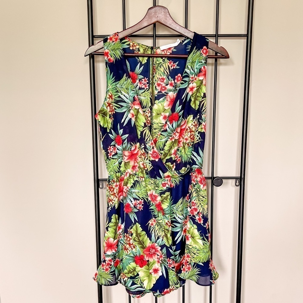 Lush Tropical Resort Wrap Front Romper Sz M